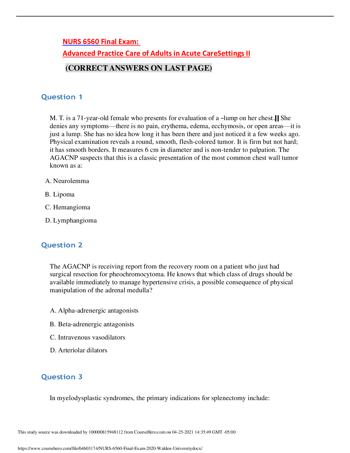 Preview image of NURS 6560 Final Exam 2020 document